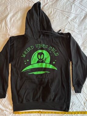 Black Hoodie with Green "Weird Vibes Only" Alien Graphic